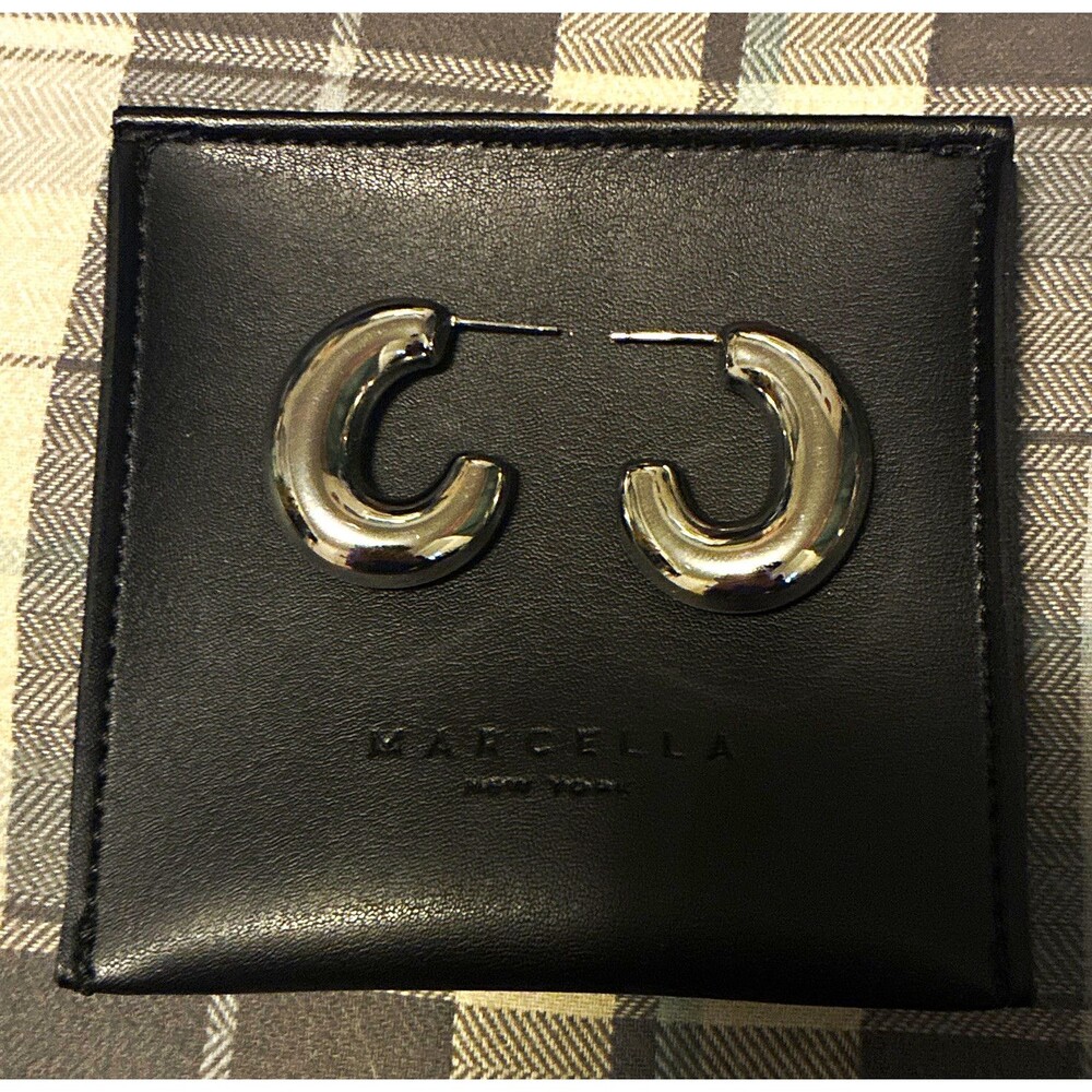 MARCELLA Silver-Tone Chunky C-Shape Hoop Post Earrings Signed